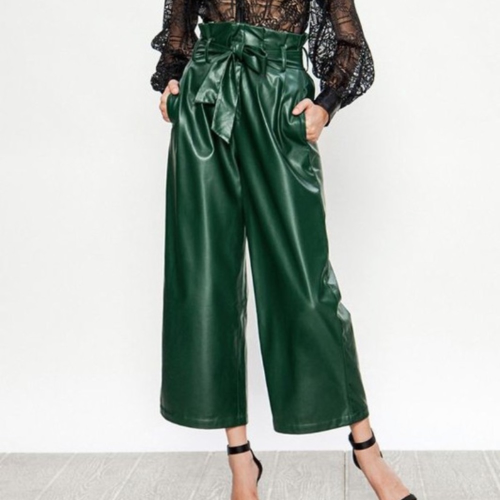 Green Paper Bag Waisted Wide Leg Pants